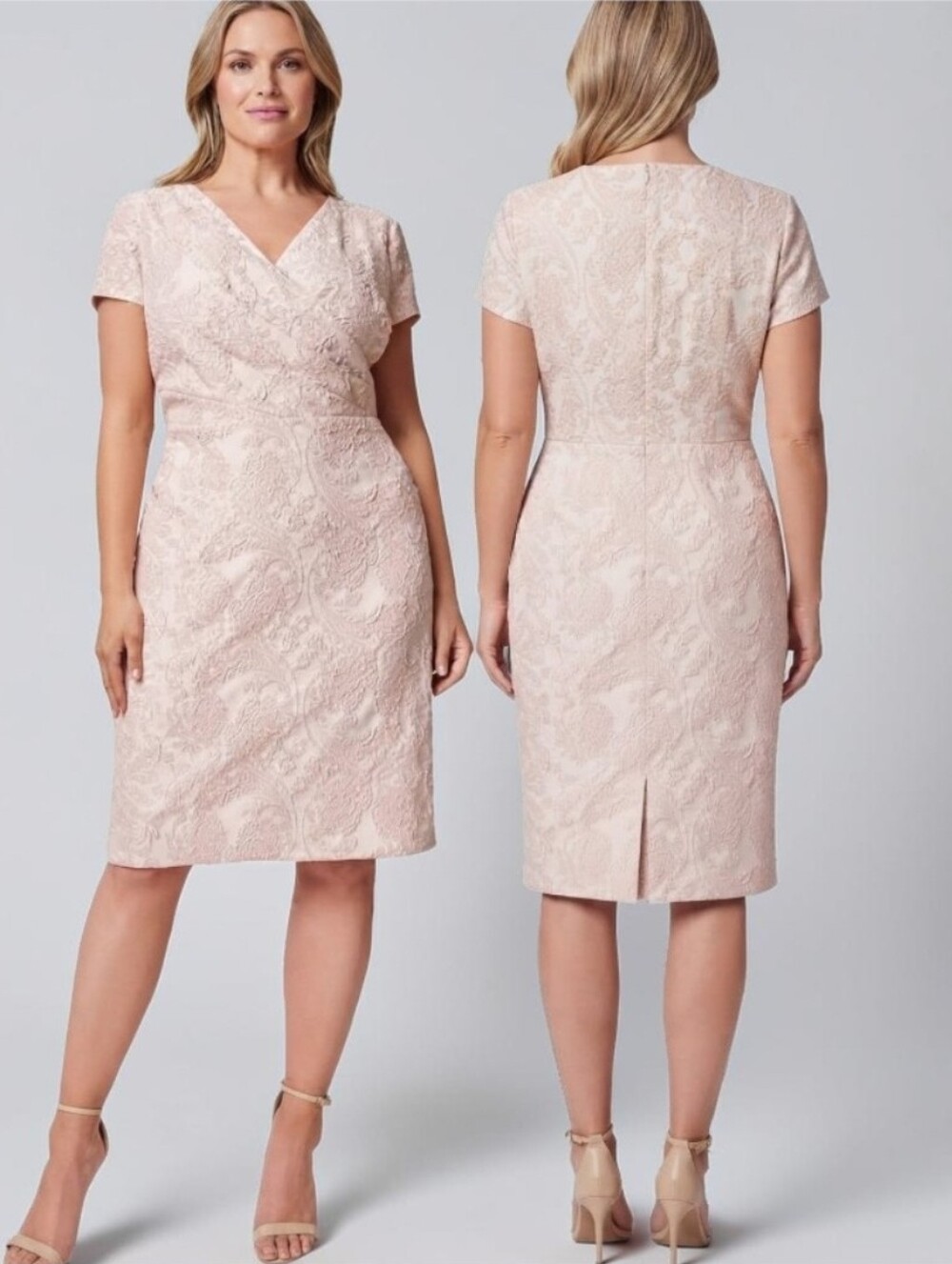 ADRIANNA PAPELL Pale Pink & Gold Jacquard Sheath Dress - Size 14W